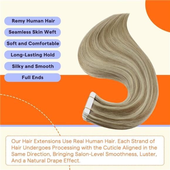 Full Shine Tape in Hair Extensions Human Hair 18 Inch Color 16 Highlight 22 main image 7